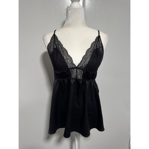Victoria's Secret Other - Victorias‎ Secret Black Satin Lace Trim Babydoll Chemise Lingerie Top Large